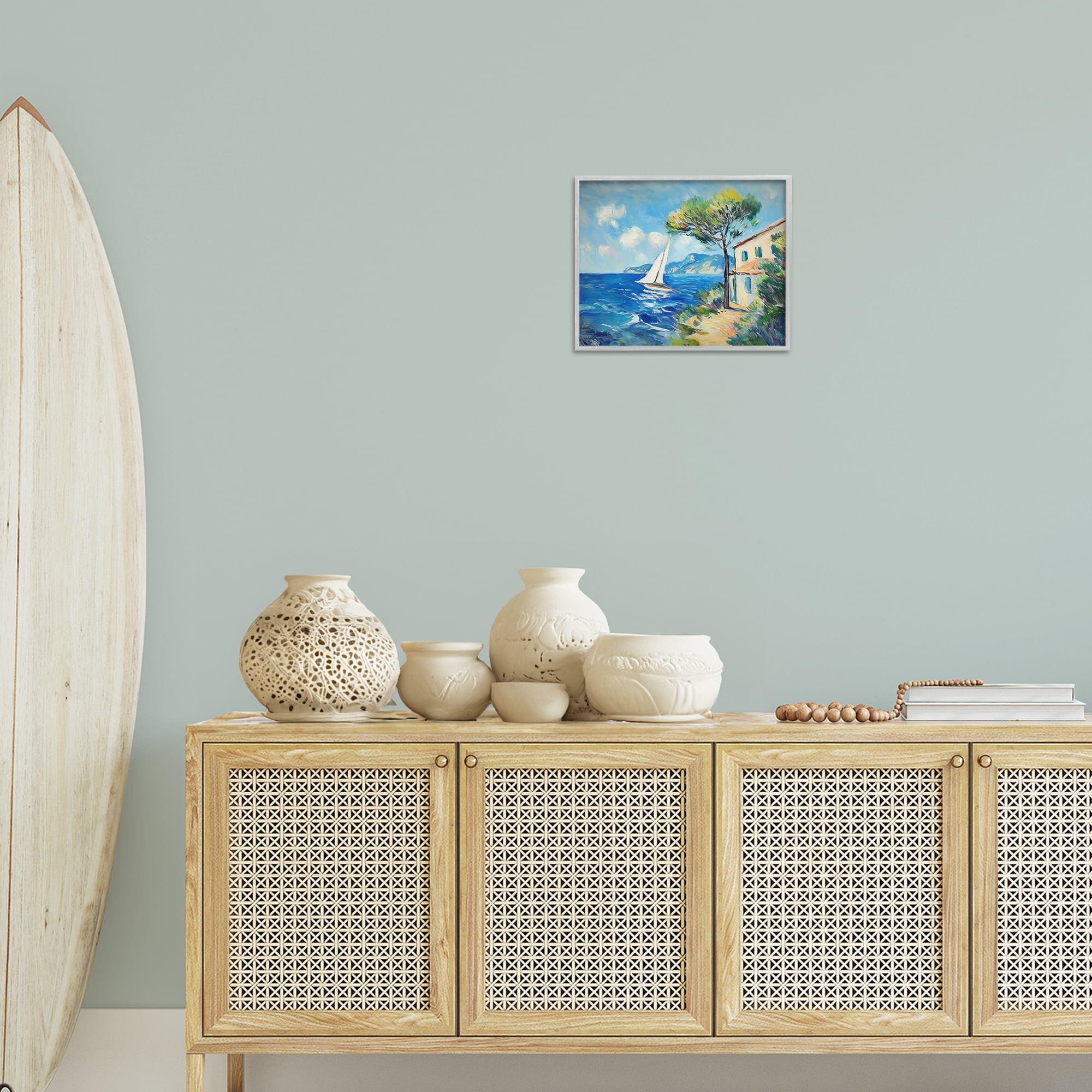 Stupell Industries Sailboat & Beach Villa Coastal Painting Gray Framed Art Print Wall Art, 14 x 11