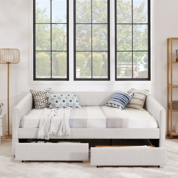 Noble House Solley Queen Size Daybed with Vertical Stripes & Storage Drawers, Linen Upholstered Sofa Bed, Beige