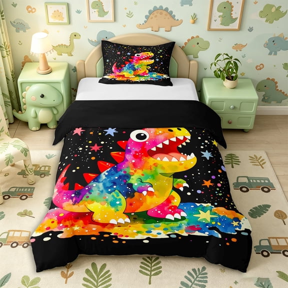 Metsweet Watercolor Dino Twin Duvet Cover, Gradient Starry Sky Twin Bedding, Pink Black,Black Reversible,2pcs,1 Duvet Cover and 1 Pillowcase