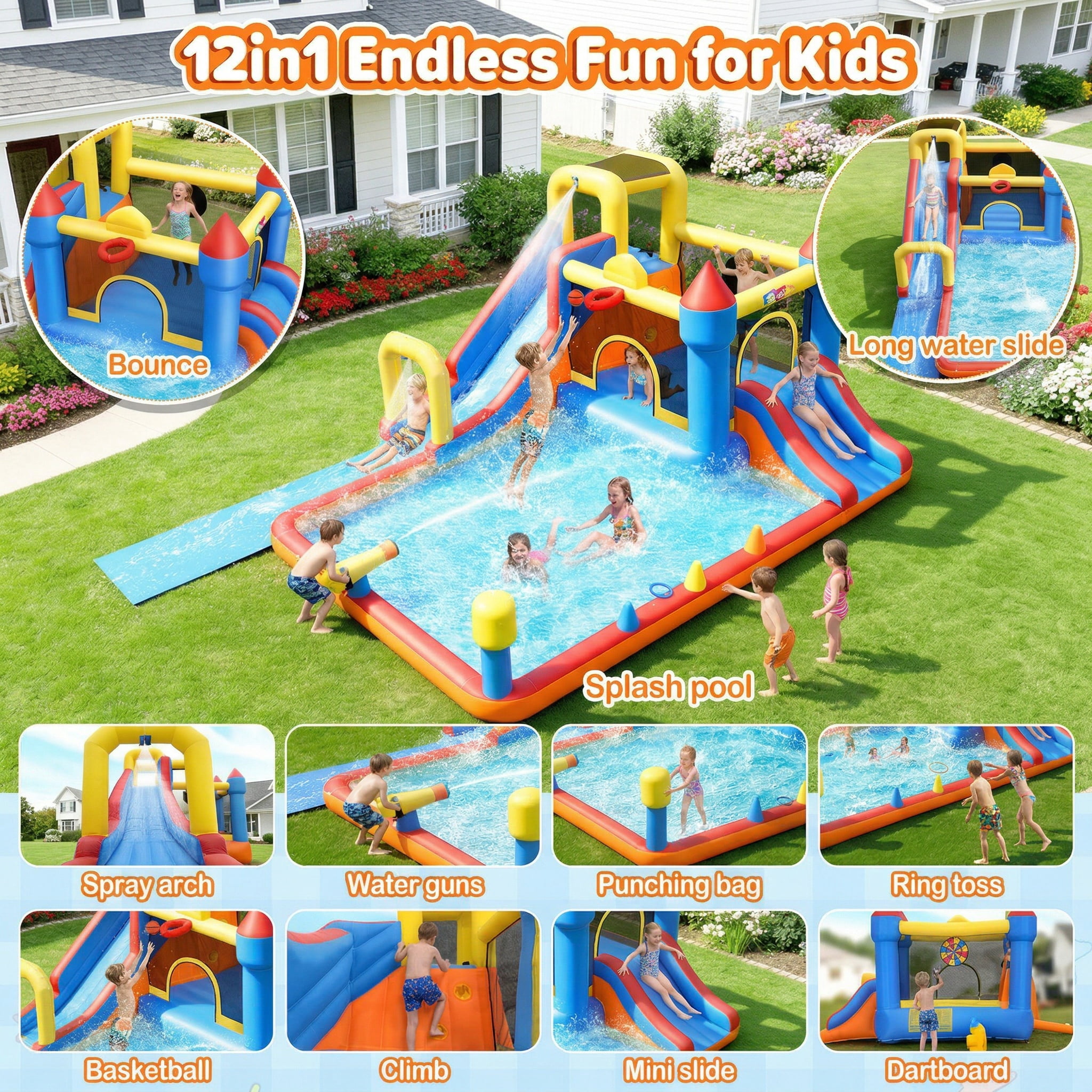 Adnoom Inflatable Water Slide, 12-in-1 Water Park Bounce House for Big Kids, Outdoor Bouncy House with Dual Slides, Big Splash Pool, Water Cannon for Backyard/Party, Jumping Castle with 550W Blower