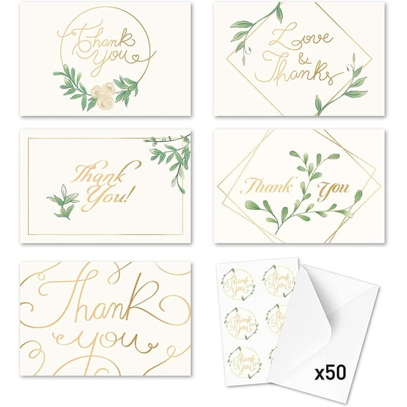 Rileys & Co Thank You Wedding Cards, Gold Foil, Classic 50 Wedding Cards, With Stickers & Envelopes | Bulk Thank You Notes Blank On The Inside | Greenery & Gold Foil Thank Yous