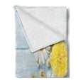 thumbnail image 2 of Yellow Flower Soft Flannel Fleece Blanket, Seasonal Garden Flowers on Blue Wooden Planks Rustic Arrangement Print, Cozy Plush for Indoor and Outdoor Use, 70" x 90", Yellow Pale Blue, by Ambesonne, 2 of 5