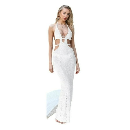 Beach long dress solid color hollow beach dress strap bikini swimsuit cover up