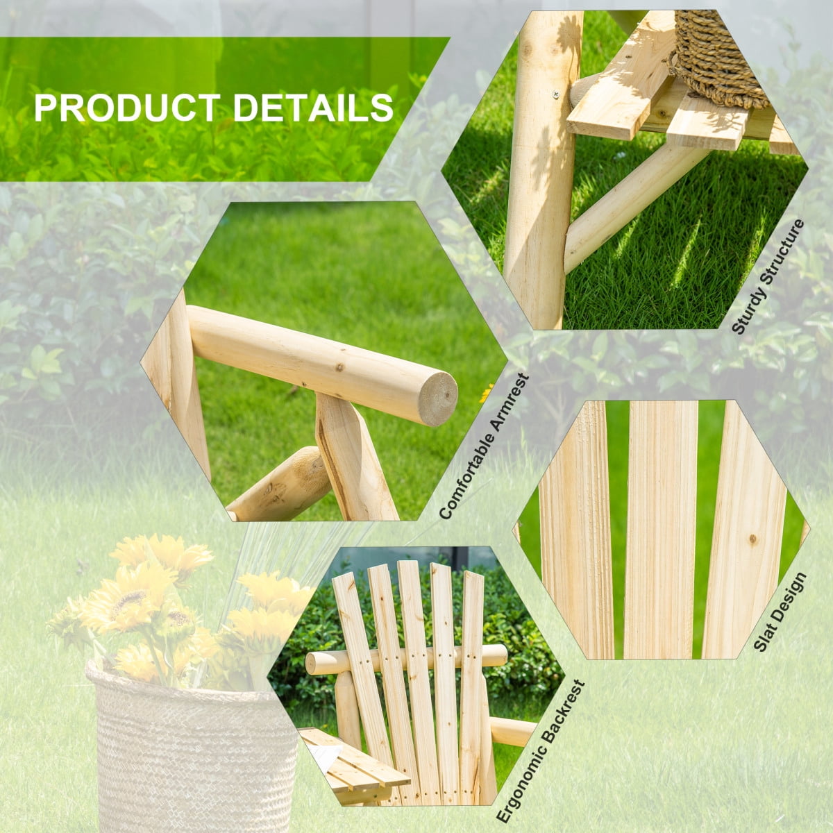 Newboti Furniture 2-Seat Wooden Adirondack Chair, Patio Bench with Table, Outdoor Loveseat Fire Pit Chair for Porch, Backyard, Deck, Natural BN.6877