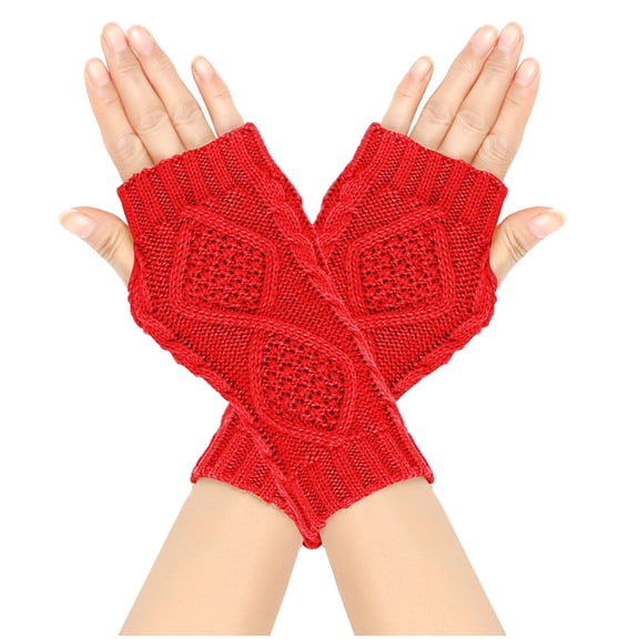 Xfvqtps Fingerless Gloves for Womens Thumb Hole Rhombus Medium Length Arm Warmer Knitting Crochet Solid Color Fashion Thermal Warm Winter Mittens Red
