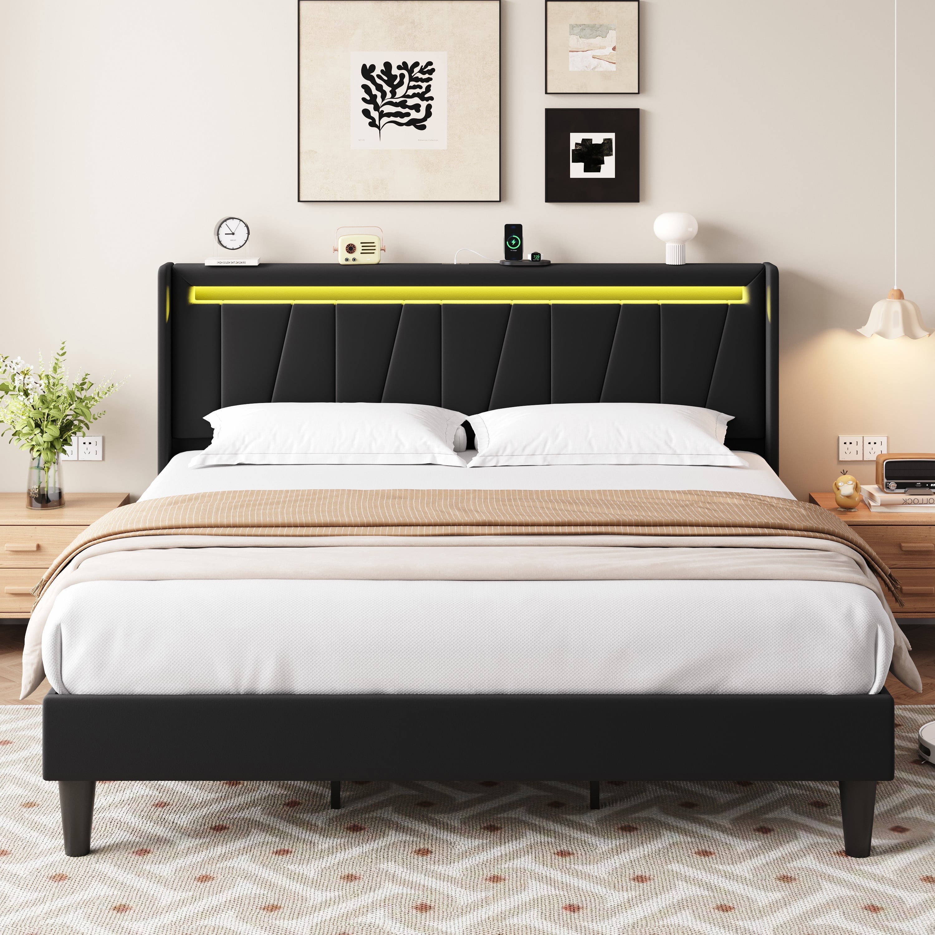Amolife King Size Bed Frame with Charging Station & LED Light, Velvet Upholstered Platform Bed with Geometric Wingback Headboard, Black