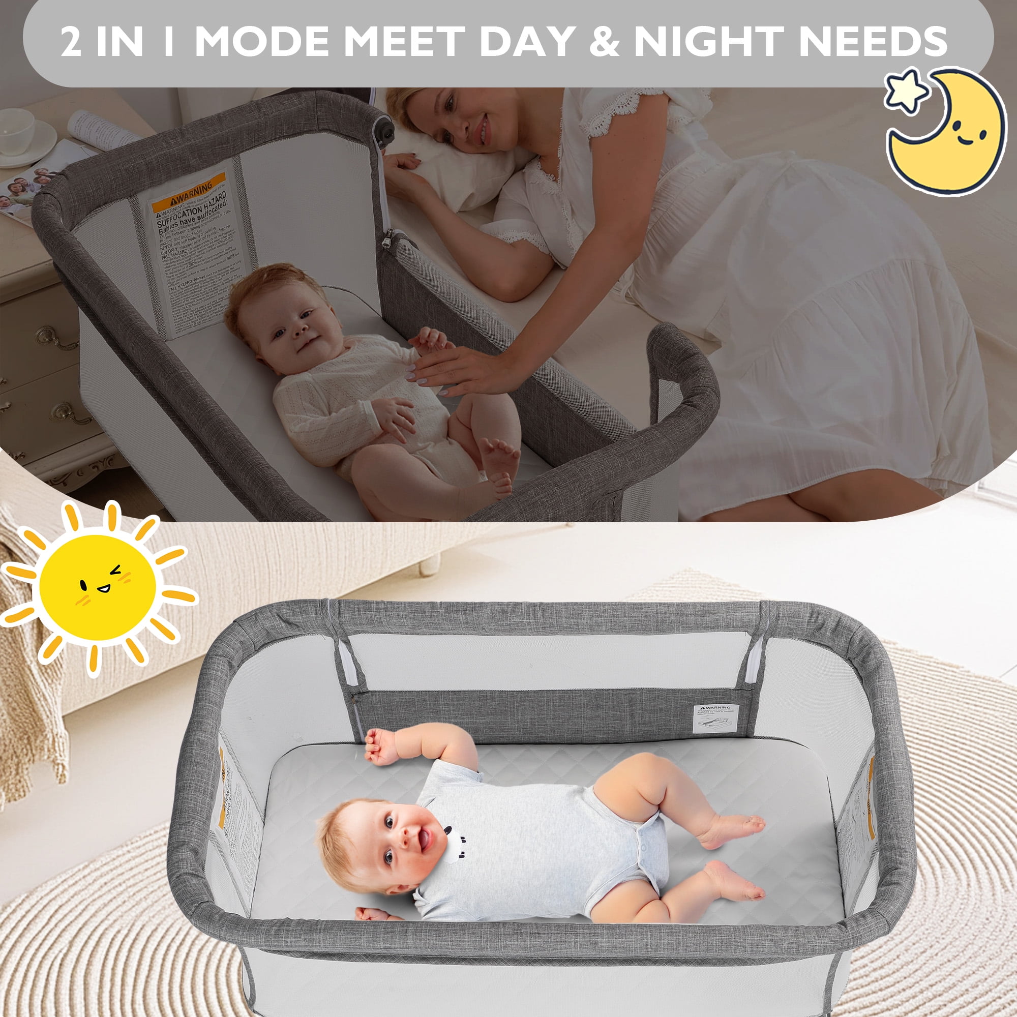 AILEEKISS Baby Bassinet with Wheels Adjustable Bedside Sleeper Bassinet Newborn Baby Crib, Grey