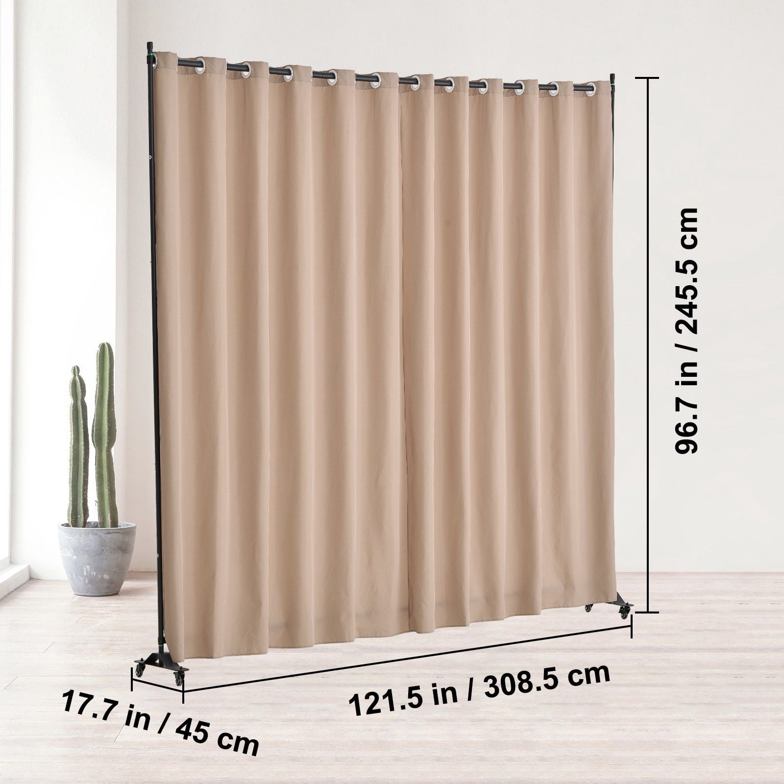 96" W x 120" H Portable Room Divider with Wheels, Brown Privacy Screen Panel for Office/Bedroom/Dining Room/Study, Easy-Move Curtain Room Partition Stand