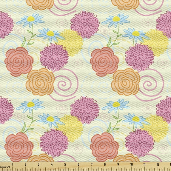 Floral Fabric by the Yard Upholstery, Pastel Tone Romantic Bouquet Arrangement and Repeating Doodle Style Spiral Shapes, Decorative Fabric for DIY and Home Accents, Multicolor by Ambesonne