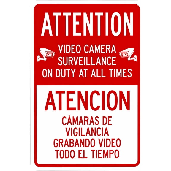 Attention Video Camera Surveillance On Duty Bilingual 8"x12" Warning Sign, Security Safety Metal Sign, Vintage Caution Poster, Business Office Home Wall Decor