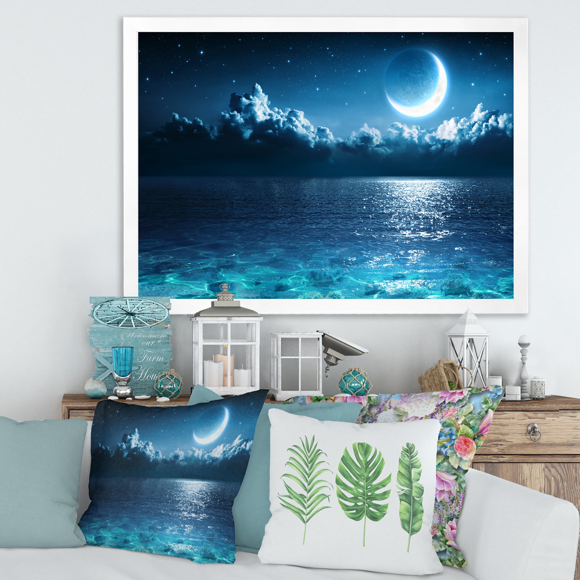 Designart 'Romantic Moon and Clouds Over Deep Blue Sea I' Nautical & Coastal Framed Art Print