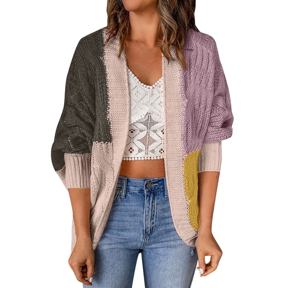 DHFJKG Womens Cardigan Sweaters Knit Jacquard Open Front Long Sleeve Loose Fit Color Block Jackets Casual Daily Wear Cozy Outerwear