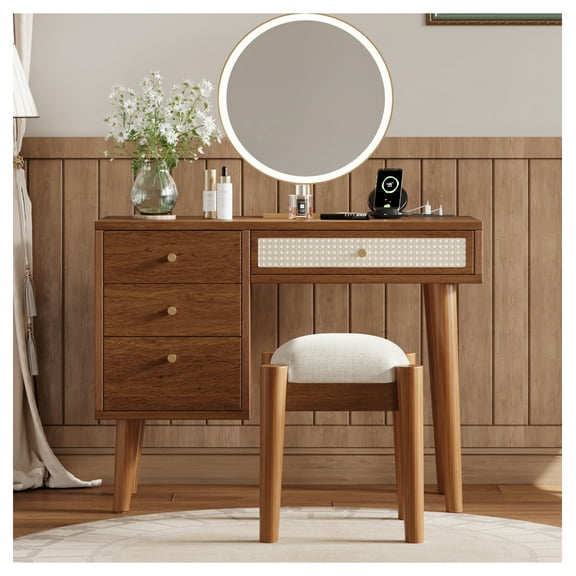 39" Bohemian Wooden Makeup Vanity with USB & Stool, Walnut