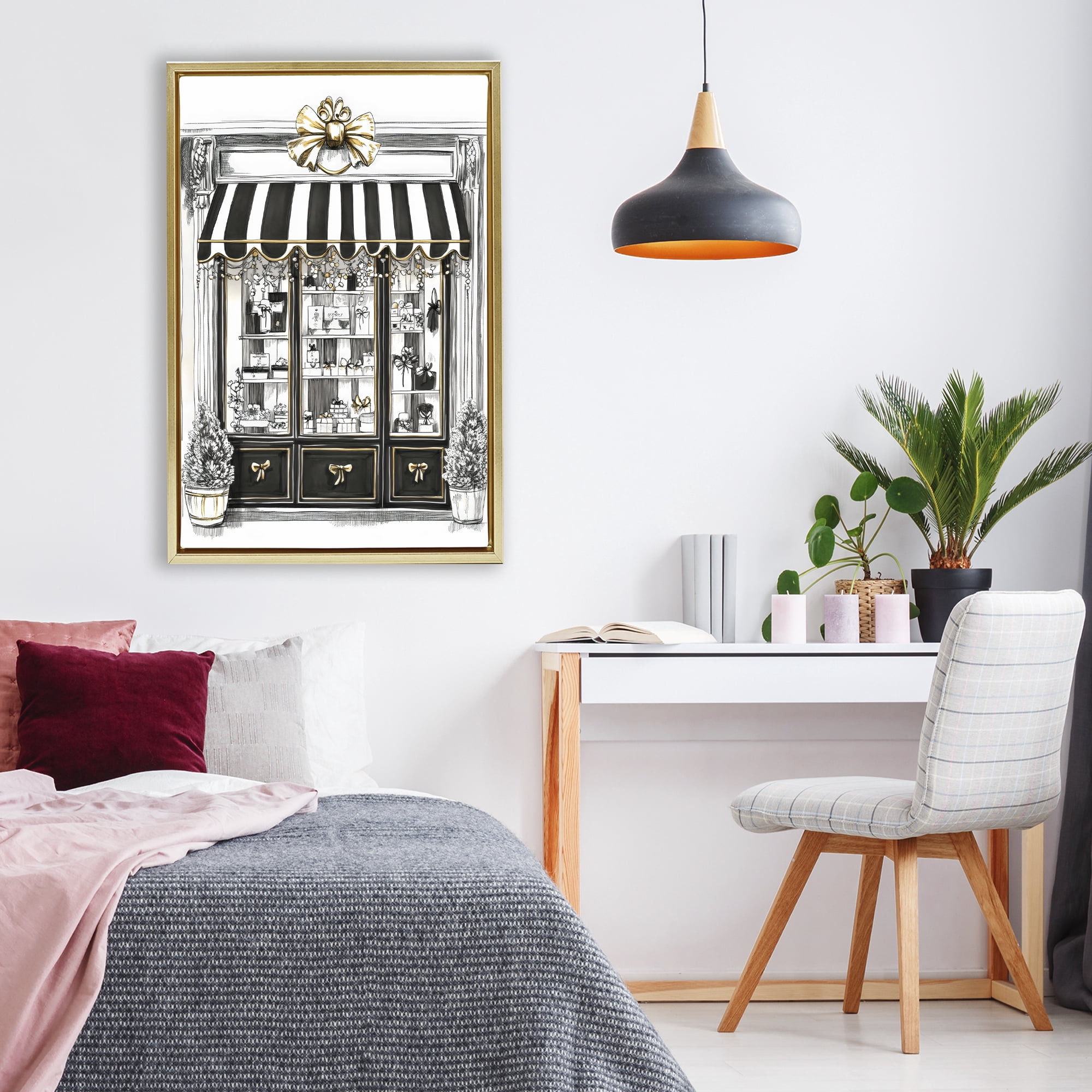 Stupell Industries Striped Paris Shop Facade Gold Framed Floater Canvas Wall Art, design by Petal Prints Design
