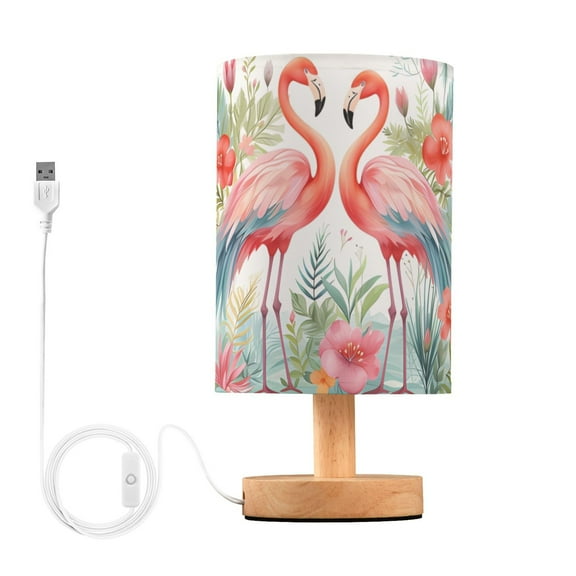 Flamingo and Flowers Bedside Table Lamp LED Warm Lights with USB Charging Port Retro Cylinder Desk Lamps