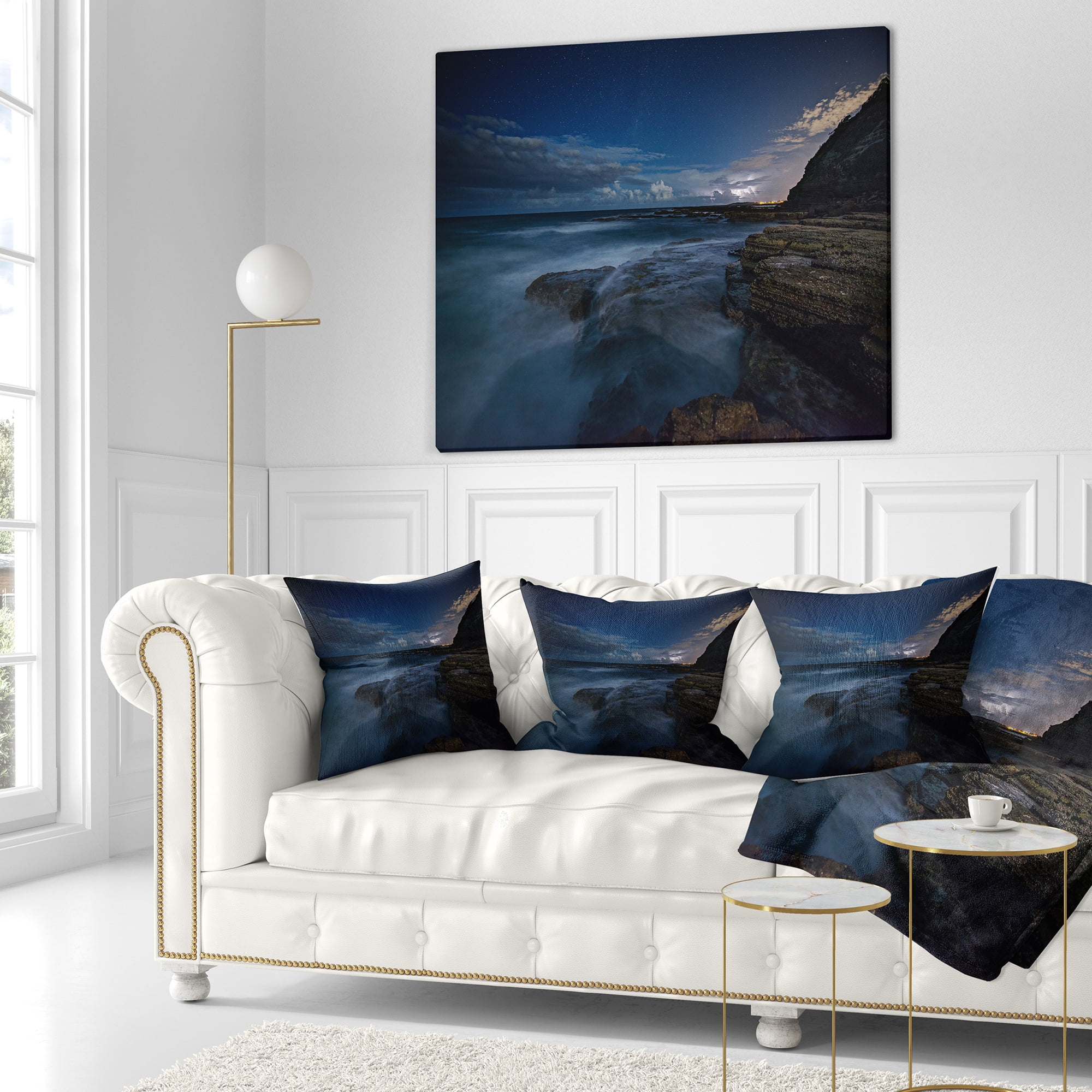 Designart Rocky Blue Ocean at Nighttime - Seashore Throw Pillow - 16x16