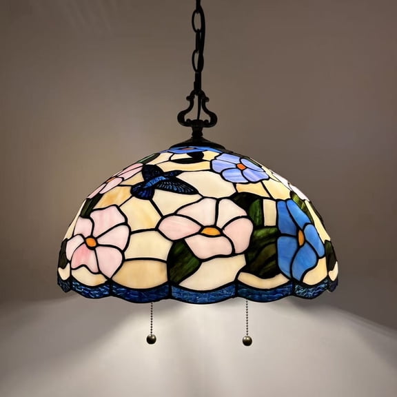 Tiffany Style Pendant Lights Fixture Pink Blue Stained Glass Hummingbird Flowers For Dinning Room Kitchen Island 16"W*16"D*75"H
