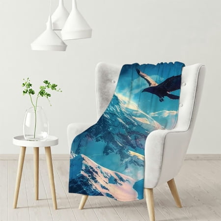 Dvbnli Eagle Soaring Above Snowy Mountains Flannel Blanket, Natural Theme, All-Season Use, Adds Color to Home Decor, Enhances Living Quality White