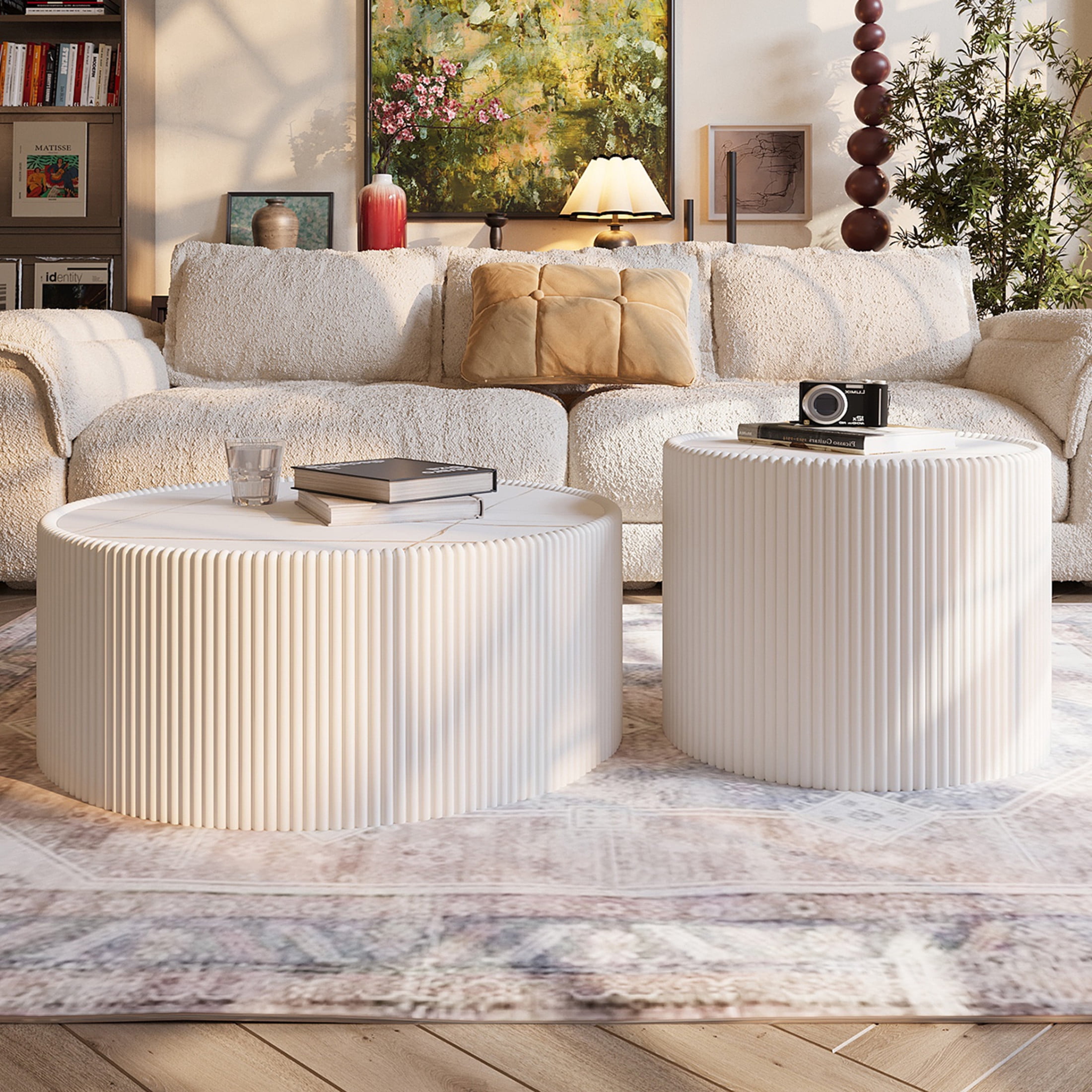 Noble House Halvion 29" Cylinder Sintered Stone Coffee Table with Leather Wrapped Frame, Modern Sofa Table, Milk White