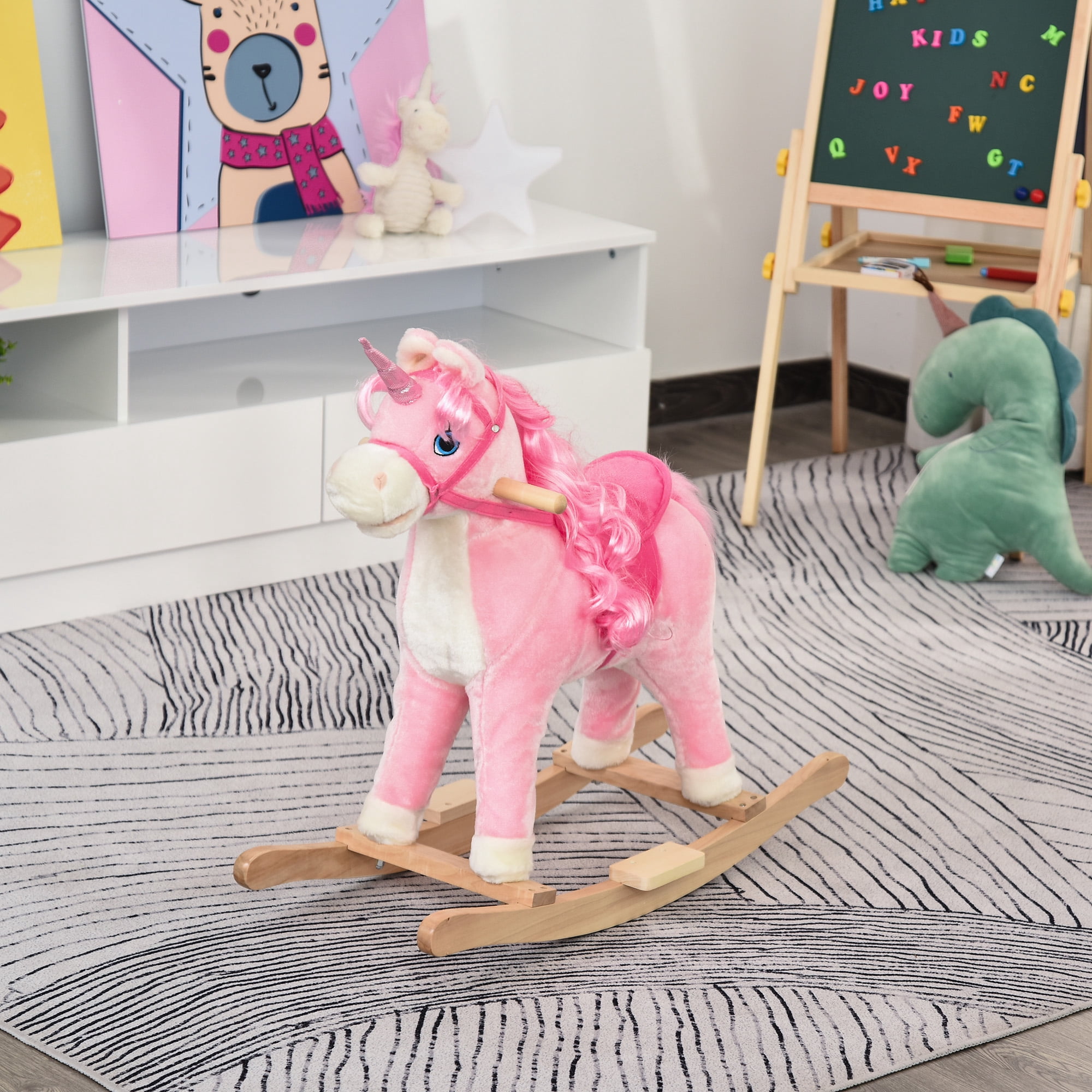 Bikes Qaba Rocking Horse, Ride on Horse Unicorn Design with Wooden Base, Tail Wag & Sounds for Toddlers 3-6 Years Old, Pink, Riding Toys