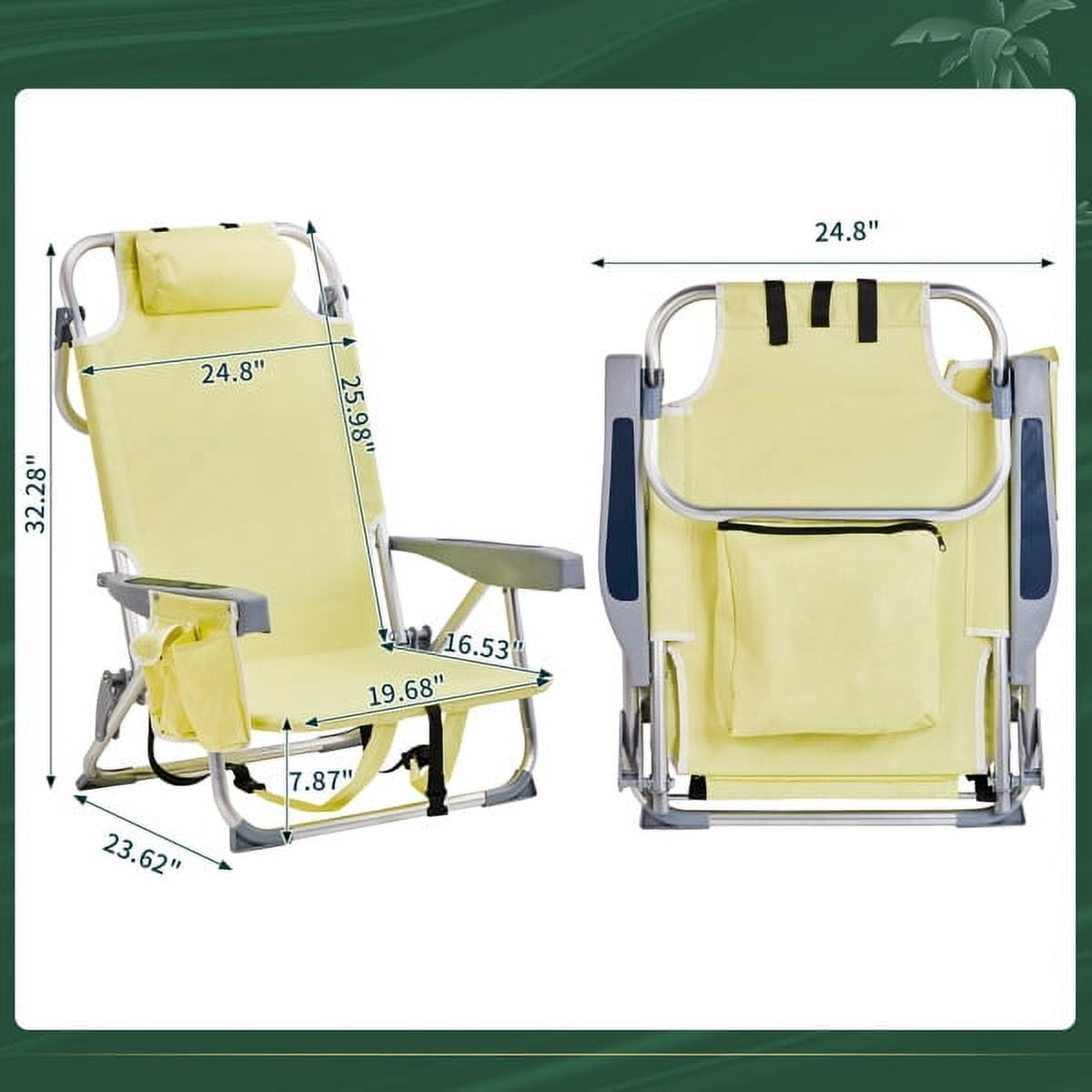 63*65*82cm Short Oxford Cloth Silver White Aluminum Tube Bearing 100kg Beach Chair with Cup Holder Storage Pouches Yellow
