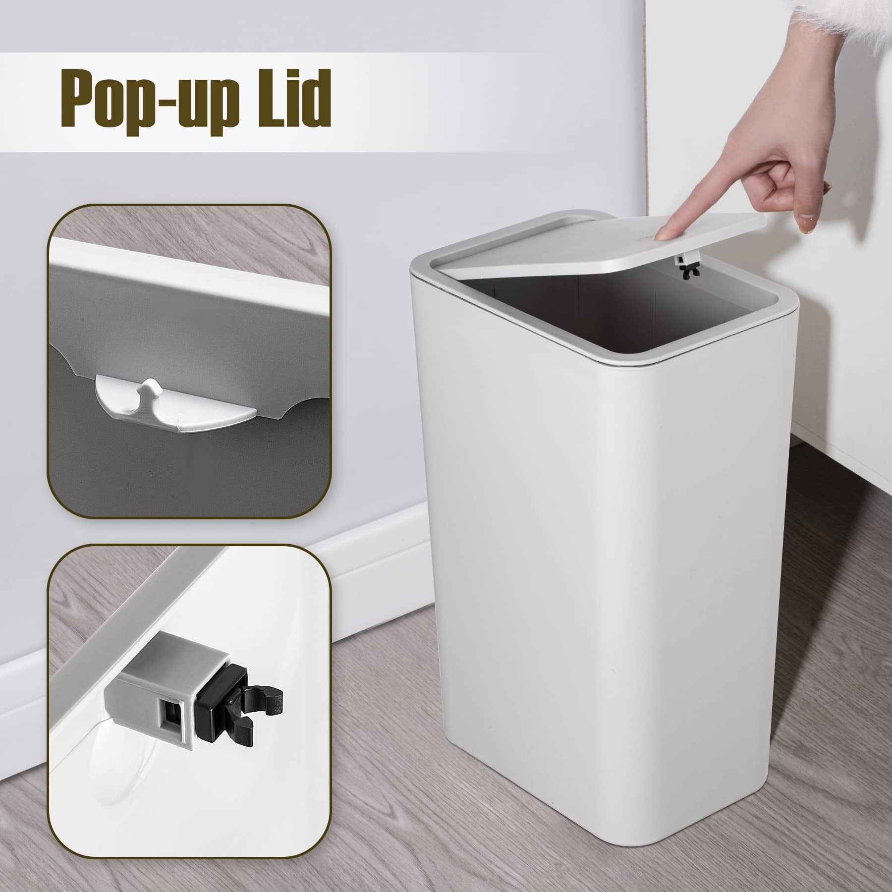 TrashAid 3 Pack Bathroom Trash Can with Lid, 2.6 Gallon / 10 Liter Small Garbage Can with Press Top Lid, Plastic Wastebasket with Pop-up Lid for Toilet, Office, Bedroom, Living Room, Grey