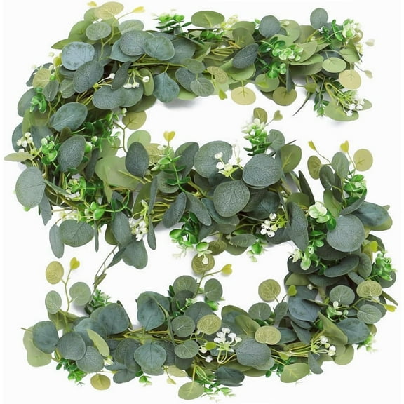 2 Pcs Eucalyptus Garland with White Flowers, 5.9FT Artificial Greenery Garland Fake Vines Green Garlands for Wedding Centerpiece Table Party Indoor Outdoor Wall Decor