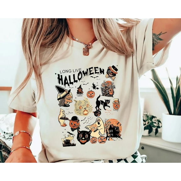Retro Halloween T-Shirt, Long Live Halloween, Vintage Halloween Shirt, Retro Halloween, Spooky Season, Pumpkin Shirt Black Cat TH100610