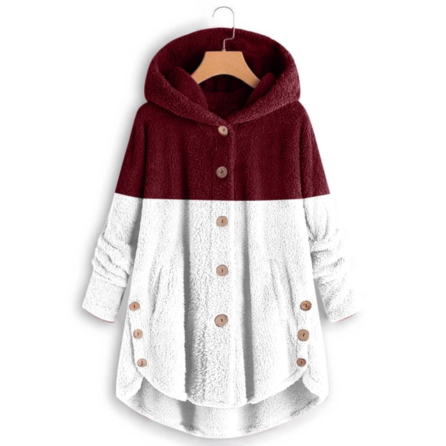 EGNMCR Winter Coats for Women Warm Lightweight Fleece Plush Button Hooded Jacket Comfy Color Block Patchwork Wool Coats with Pockets