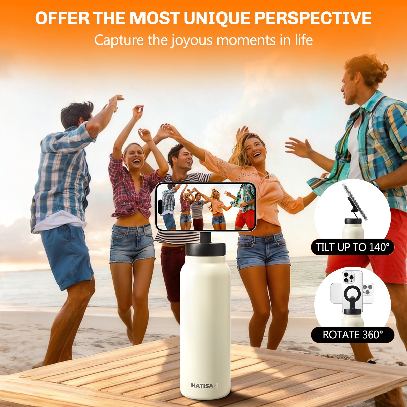 Hatisan 24 oz Insulated Water Bottle, Magnetic Stainless Steel Water Bottle, with Mobile Phone Holder Tripod, Hot for 12H, Cold for 24H(Beige)