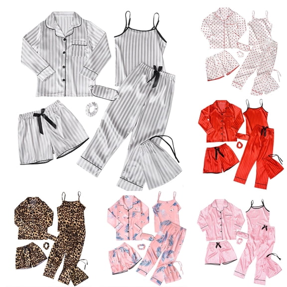 Krdevn Kids Cute Print Satin Pajama 7-Piece Set, Notch Collar Long Sleeve Top Cami Shorts Pants Sleep Mask Scrunchie Storage Bag Loungewear,Grey