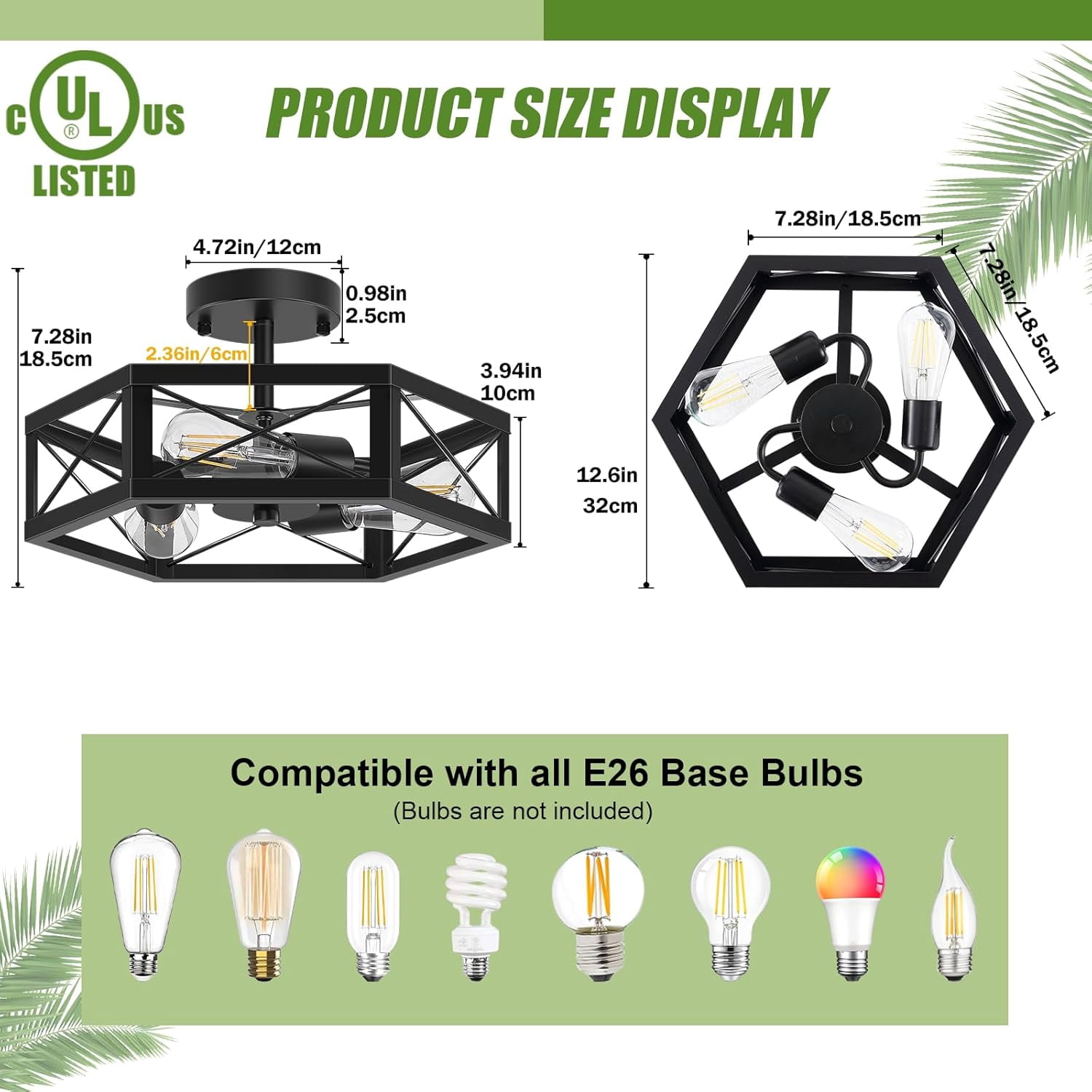 3-Light Kitchen Light Fixtures Ceiling Mount, Black Semi Flush Mount Ceiling Light for Dining Room Light Fixture, Farmhouse Close to Ceiling Lights with Metal Hexagon Cage for Bedroom Hallway