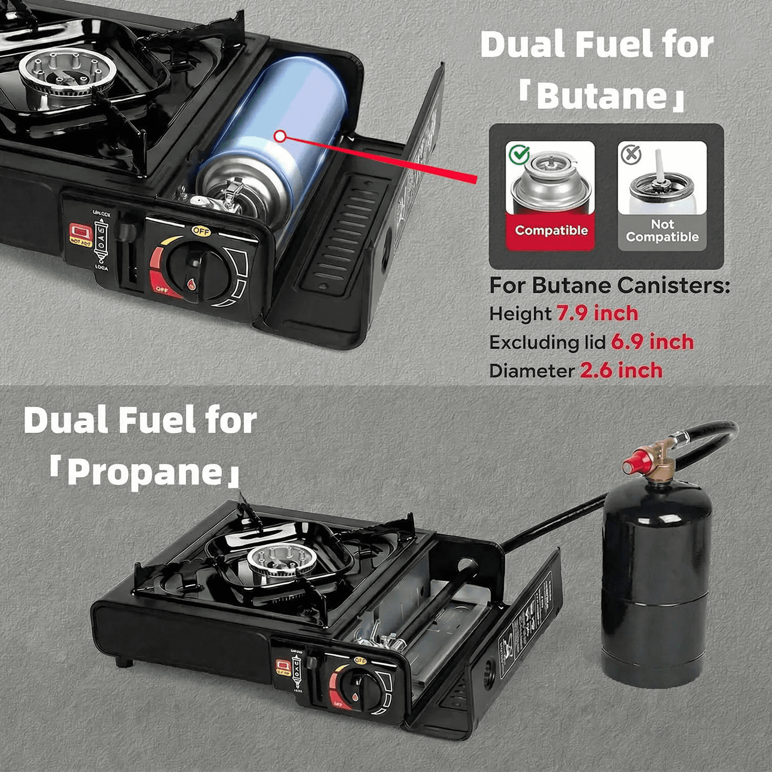 Portable Dual Fuel Gas Stove for Grill Camping and Outdoor Cooking with Butane & Propane Compatibility, Propane Adapter Hose and Carrying Case Included, 7800 BTUs Output
