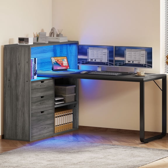 Uforic 55" Corner L Shaped Desk with Power Outlets & LED Lights & File Cabinet, 3 Drawers & 3 Storage Shelves, Home Office Desk with Bookshelf, Gray