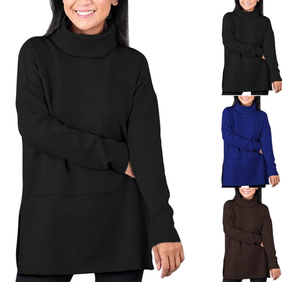 Gswybco Plus Size Sweaters for Women Long Sleeve Turtleneck Side Split Tunic Pullovers Fall Trendy Solid Color Casual Tops