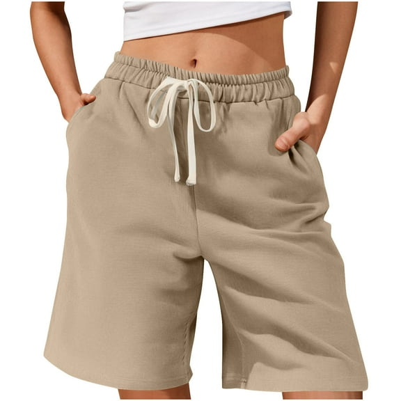 Hurxie Women's Sweat Shorts Bermuda Long Shorts Athletic Casual Loose Shorts (Available in Plus Size) Khaki,M