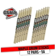 GRIFFIN Attack Zzzap Drum Sticks - 12 Pairs of Select Elite Maple Wood Size 5A - Premium Balanced, Level and Straight - Drummers Percussion Classic Pure Grit Uncoated, Raw Wood Drumming Sticks