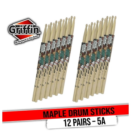 GRIFFIN Attack Zzzap Drum Sticks - 12 Pairs of Select Elite Maple Wood Size 5A - Premium Balanced, Level and Straight - Drummers Percussion Classic Pure Grit Uncoated, Raw Wood Drumming Sticks