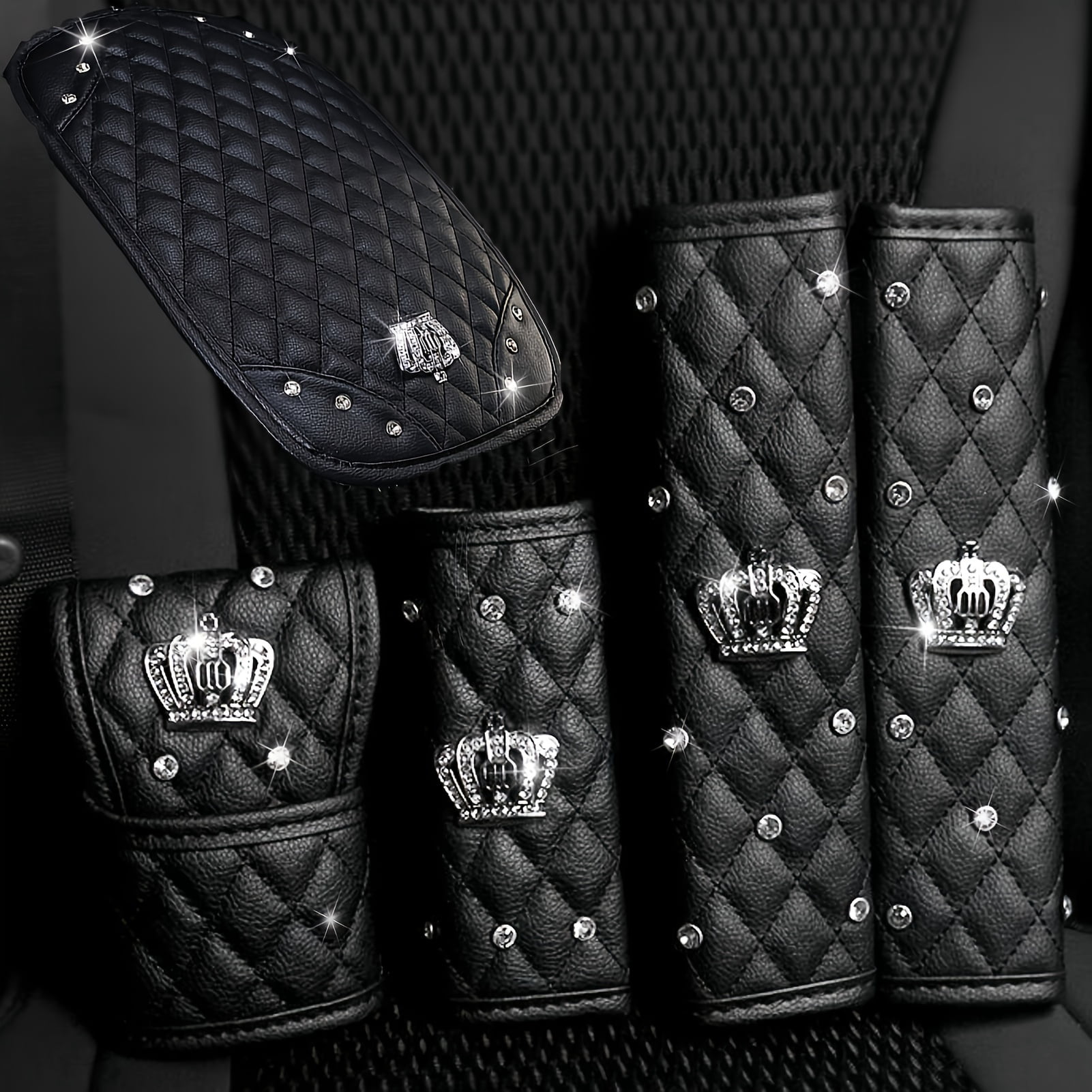 5PCS Bling Car Interior Accessories Set for Women – Sparkling Crown Seat Belt Shoulder Pads, Center Console Armrest Cover, Gear Shift Knob Cover, Handbrake Cover – Universal Fit for Most Vehicles