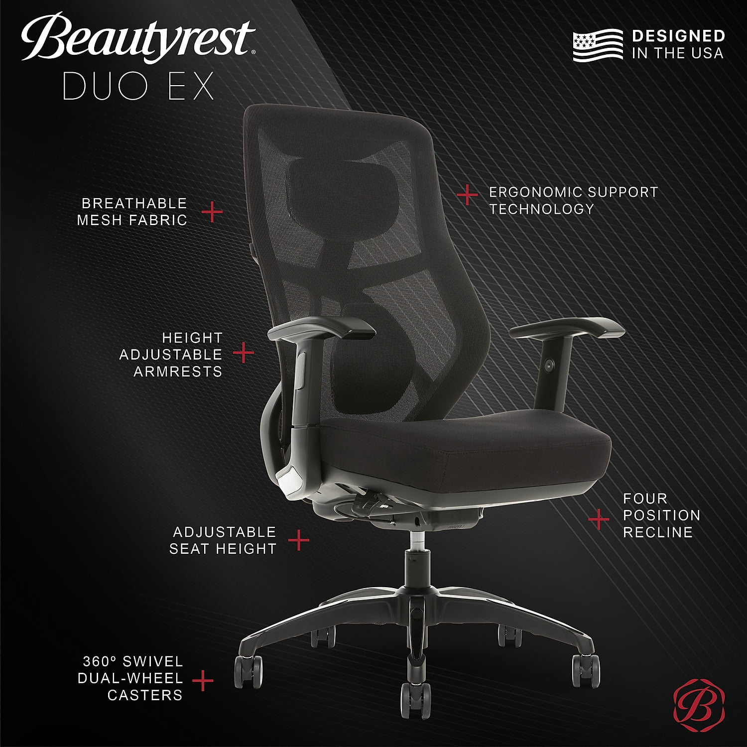 Zhejiang Hengyu Plastic Technology Co Ltd Beautyrest Duo-EX Mesh Seat Height Adjustment Swivel Desk Chair, Black/Gray