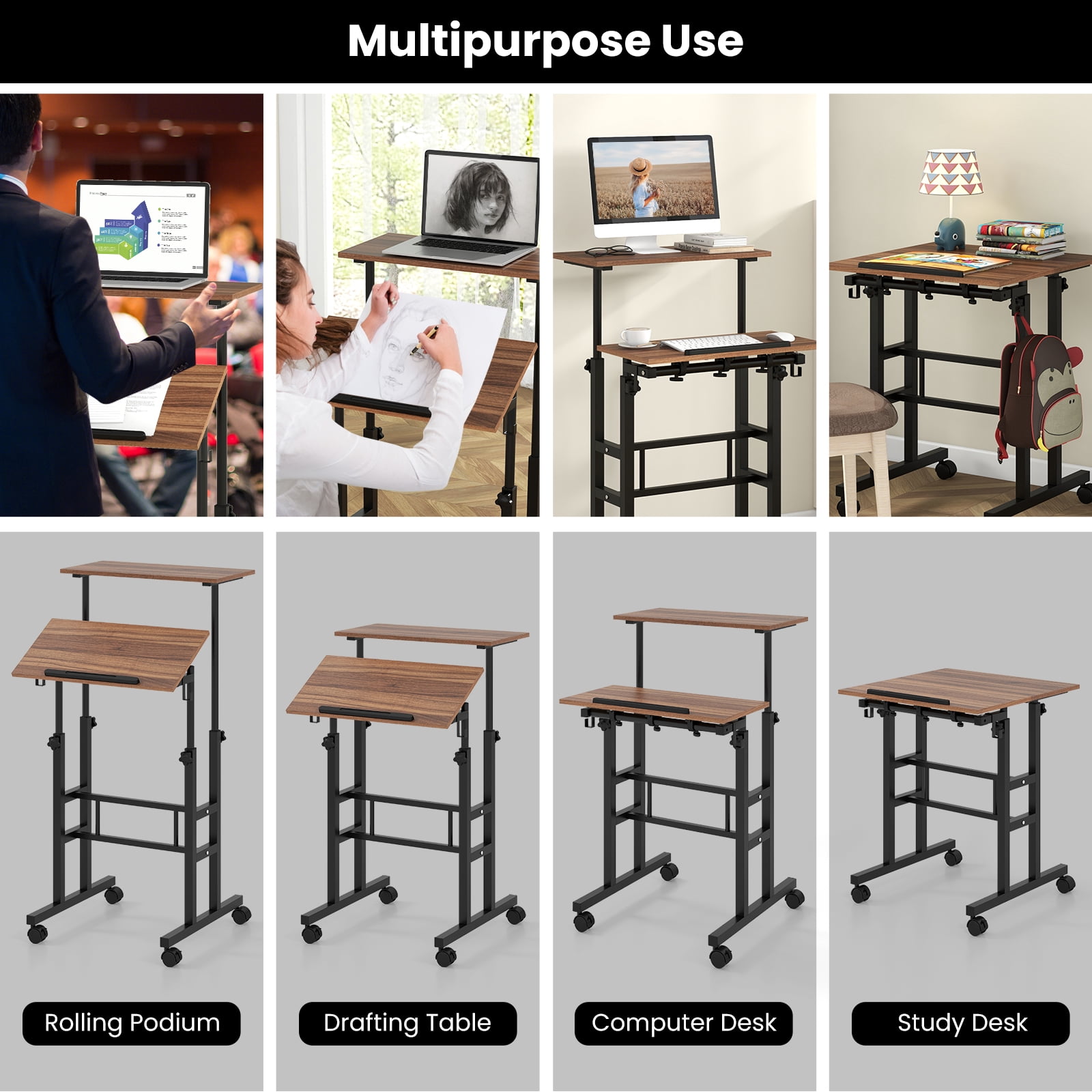 Giantex Mobile Standing Desk, Height Adjustable Sit to Stand Desk, Portable Laptop Desk, 2-Tier Computer Workstation for Home Office, Brown
