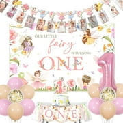 Fairy 1st Birthday Party Decorations - Our Little Fairy is Turning One Backdrop, Photo Banner, High Chair Banner, Cake Topper, Balloons, Pink Floral My Fairy First Birthday Party Decorations