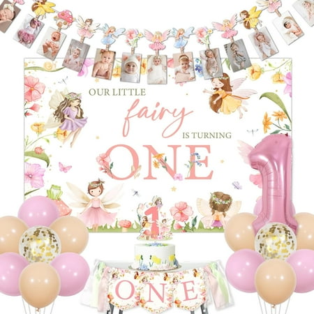 Fairy 1st Birthday Party Decorations - Our Little Fairy is Turning One Backdrop, Photo Banner, High Chair Banner, Cake Topper, Balloons, Pink Floral My Fairy First Birthday Party Decorations