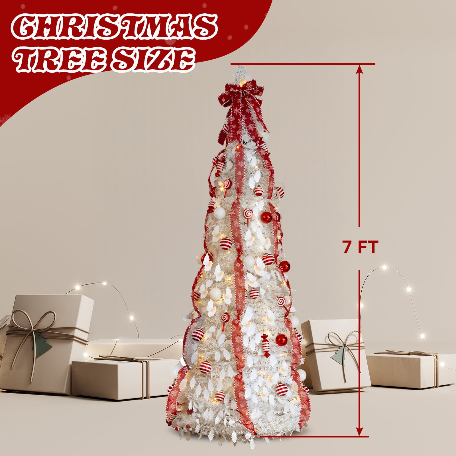 Astoutdoor 7 ft Pre-Lit Pop-Up Christmas Tree, White PVC with 170 Warm Lights and Red Ornaments
