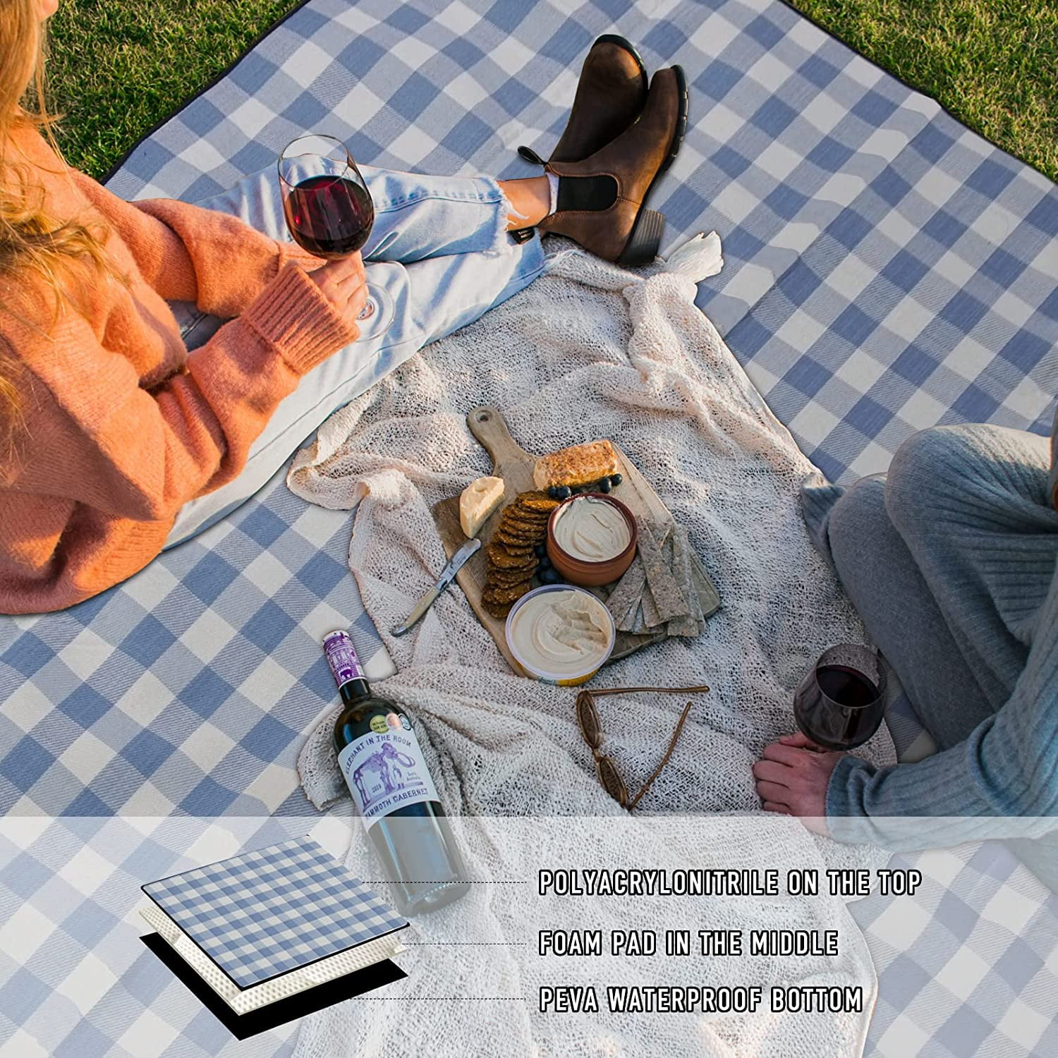 Foohor 80 x 80 Picnic Blanket Extra Large Waterproof And Foldable Beach Blanket 3 Layer Outdoor Blanket For 6 To 8 Adults