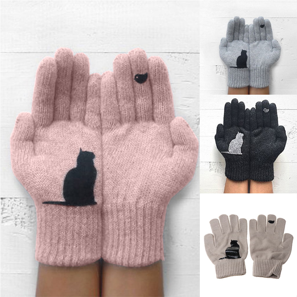 haninetrosty Womens Winter Faux Wool Thick Knitted Gloves Funny Creative Cartoon Cat Bird Irregular Patchwork Palm Outdoor Mittens Hand Warmer