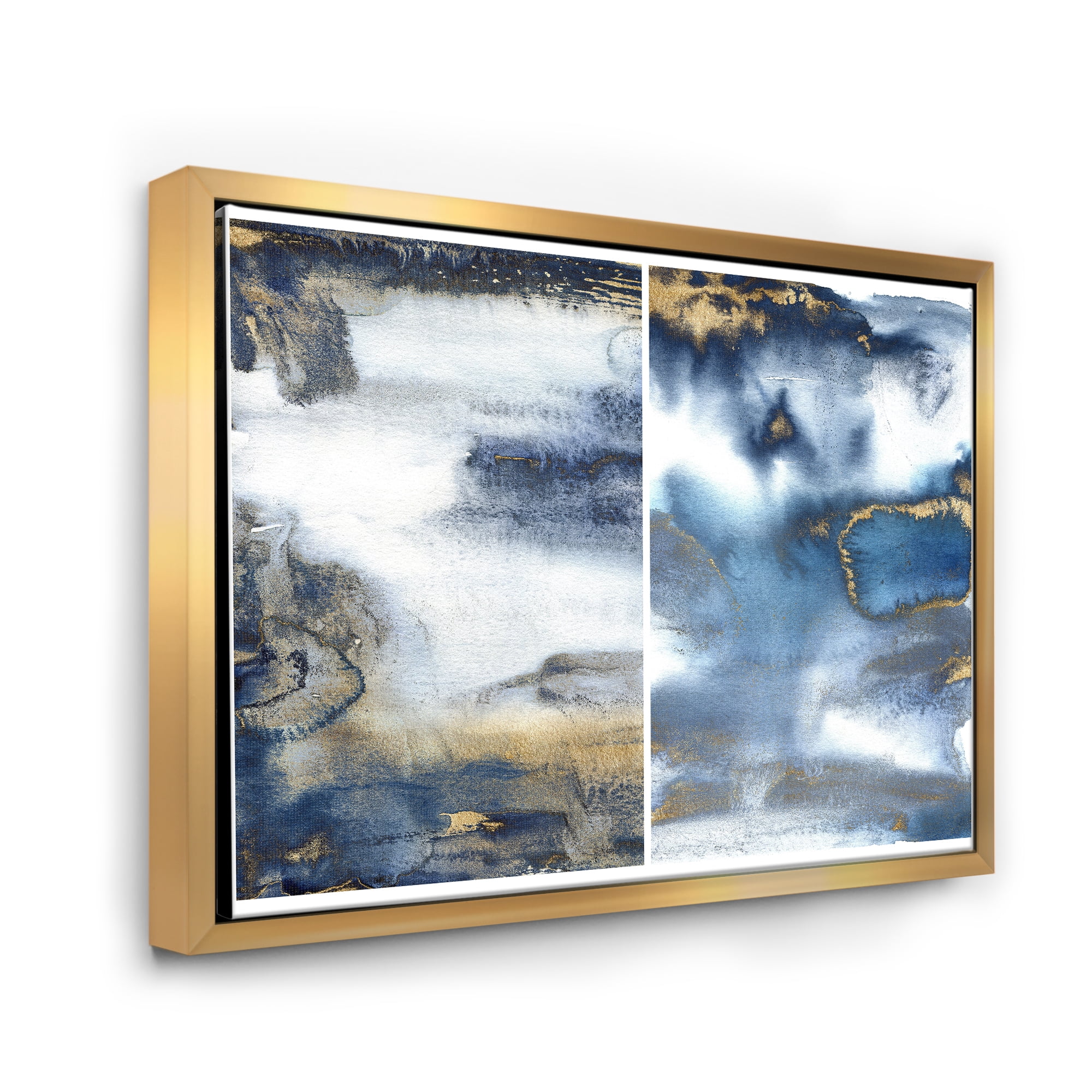 Designart 'Gold and Dark Blue Abstract Waves I' Modern Framed Canvas Wall Art Print