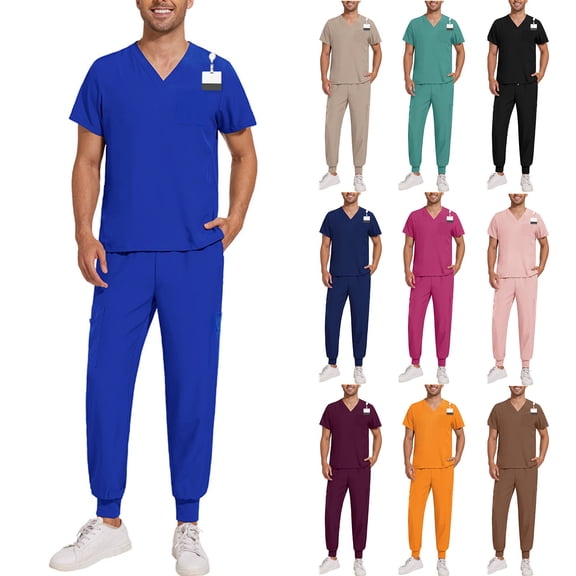 Men's Workwear Scrubs 2-Piece Set, Quick-Dry Fabric Solid Color V-Neck Pocket Short Sleeve Top and Pants, Nursing Uniform For Medical Duty,Black,L