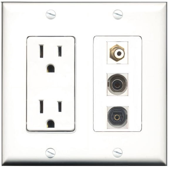 RiteAV - 15 Amp Power Outlet 1 Port RCA White 1 Port Toslink 1 Port 3.5mm Decorative Wall Plate