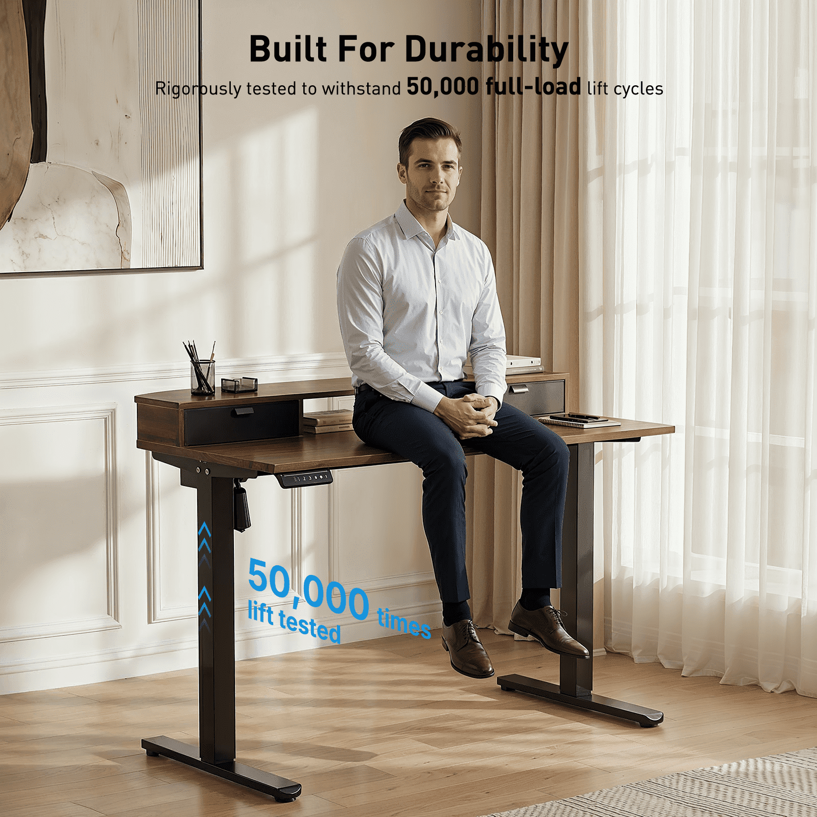CHITOOMA Office Desk with Storage, 48″ x 24″ Electric Height Adjustable Sit Stand Standing Desk with Drawers Shelf, Walnut